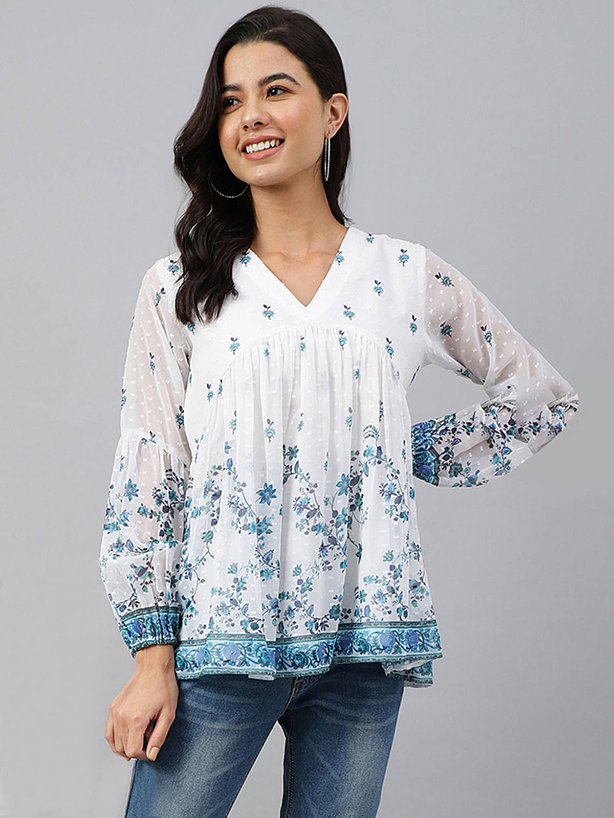 Janasya Women's Georgette A-Line Top ( White ) Janasya Women's Georgette A-Line Top ( White )