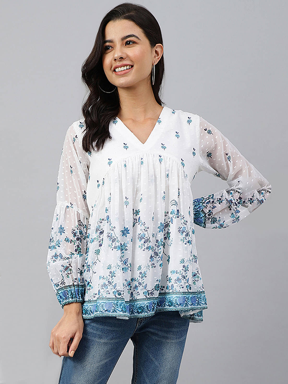 Janasya Women's Georgette A-Line Top ( White )