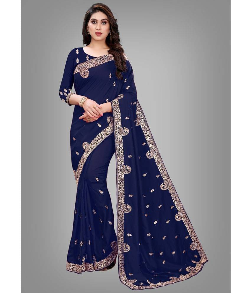 Om Shantam Sarees Silk Blend Embroidered Saree With Unstitched Blouse Piece ( Navy Blue ) Om Shantam Sarees Silk Blend Embroidered Saree With Unstitched Blouse Piece ( Navy Blue )