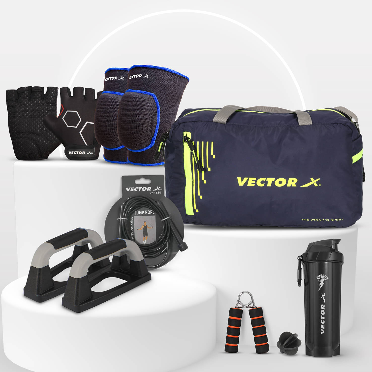     			Vector X Gym Bag, Shaker, Pushup Bar, Skipping Rope, Hand Grip, Gym Gloves, Knee Support Home Gym FitnessCombo