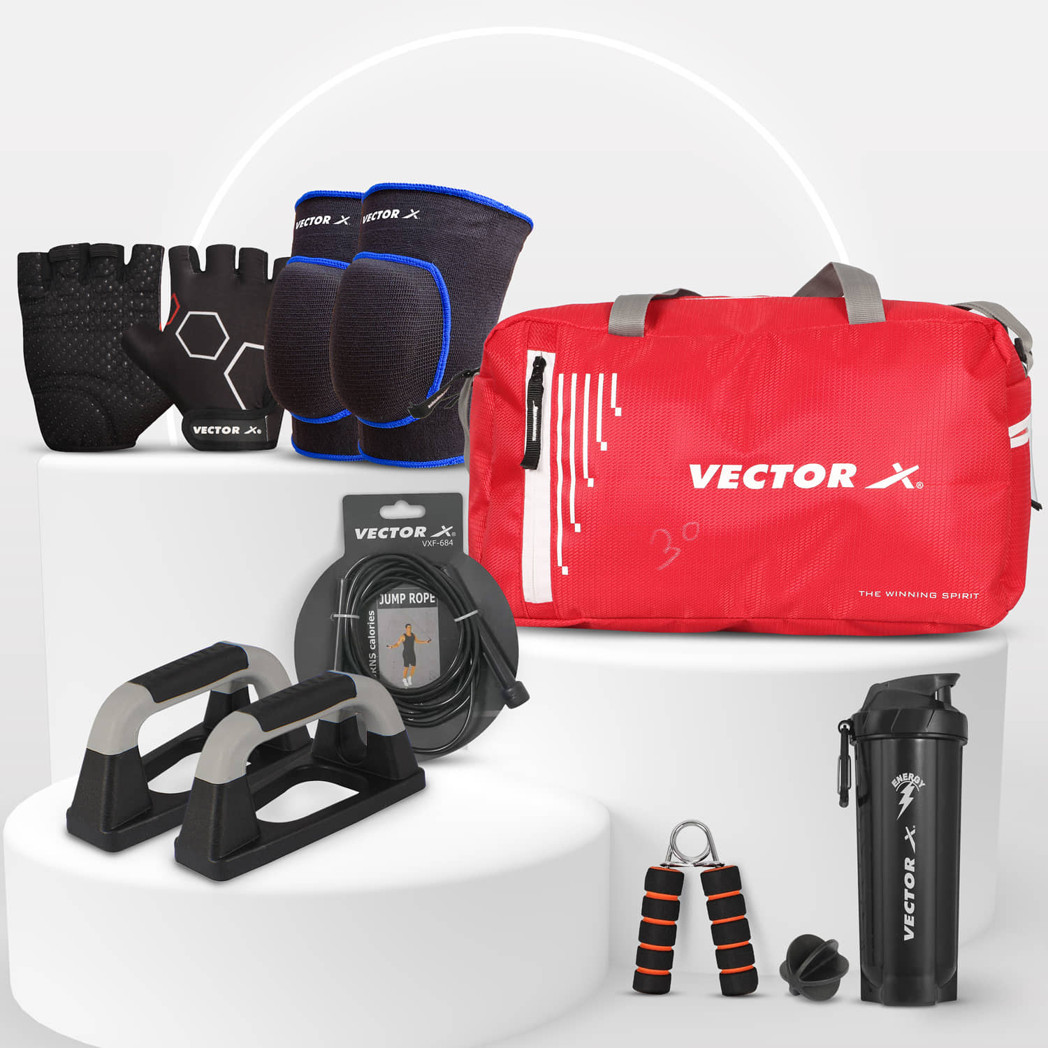 Vector X Gym Bag, Shaker, Pushup Bar, Skipping Rope, Hand Grip, Gym Gloves, Knee Support Home Gym FitnessCombo - Sports and Fitness Equipment | Buy online on ZillyBuy