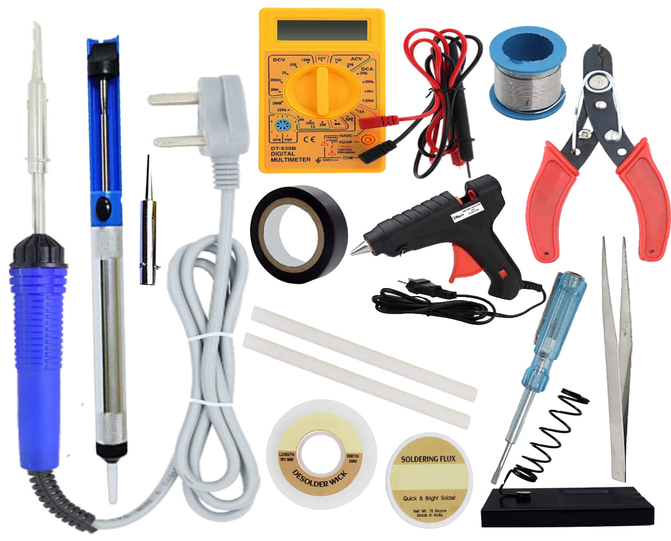 ALDECO: ( 15 in 1 ) 25 Watt Soldering Iron Kit With- Blue Iron, Wire, Flux, Wick, Stand, Tweezer, Tape, Tester, Desoldering Pump, Bit, Glue Gun, 2 Glue Stick, Digital Multimeter, Cutter