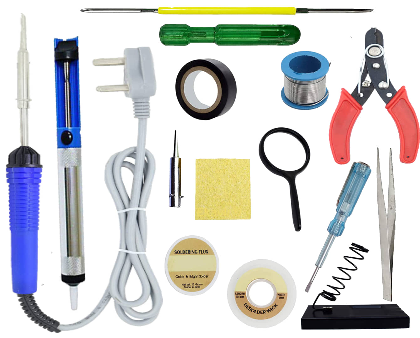 ALDECO: ( 14 in 1 ) SOLDERING IRON 25 Watt Professional Kit -Blue Iron, Wire, Flux, Wick, Stand, Tester, Tweezer, 2 in 1 Screw Driver, Desoldering Pump, Lens, Bit, Sponge, Tape, Cutter