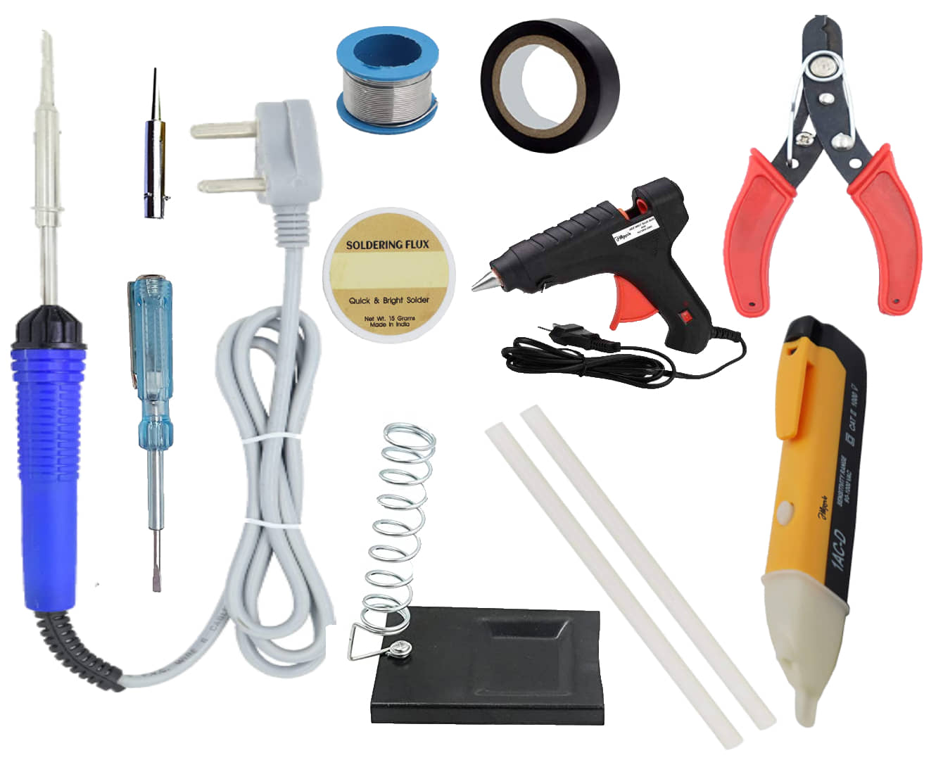 ALDECO: ( 12 in 1 ) 25 Watt Soldering Iron Kit With-Blue Iron, Wire, Flux, Bit, Stand, Cutter, Tape, Tester, Glue Gun, 2 Glue Stick, Voltage Alert