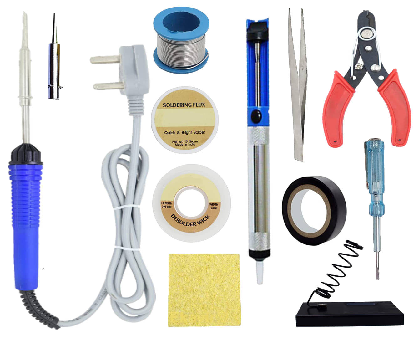 ALDECO: ( 12 in 1 ) SOLDERING IRON 25 Watt Professional Kit -Blue iron, Wire, Flux, Wick, Stand, Cutter, Sponge, Bit, Desoldering Pump, Tweezer, Tape, Tester