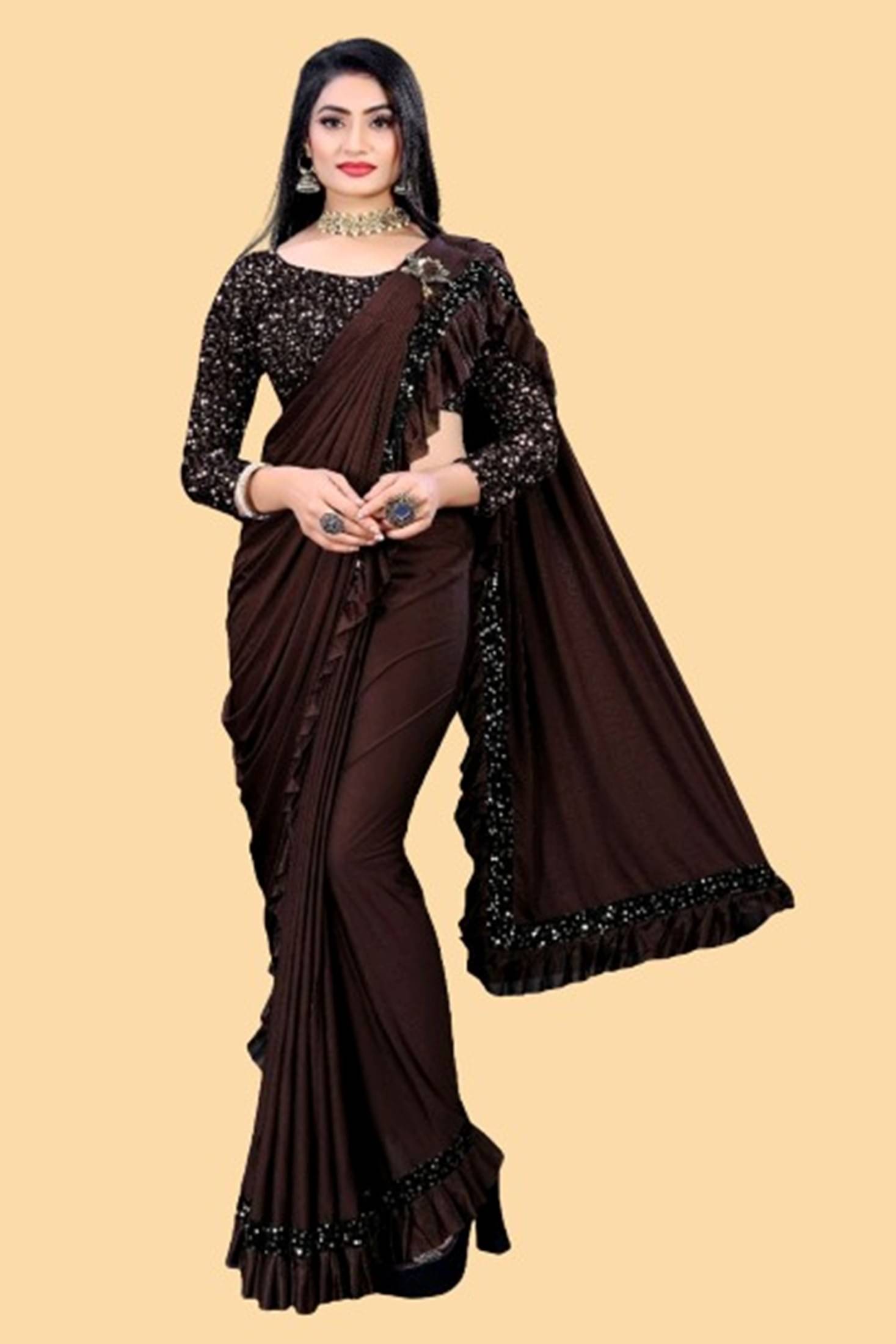 Aika Lycra Embellished Saree With Unstitched Blouse Piece ( Coffee ) Aika Lycra Embellished Saree With Unstitched Blouse Piece ( Coffee )