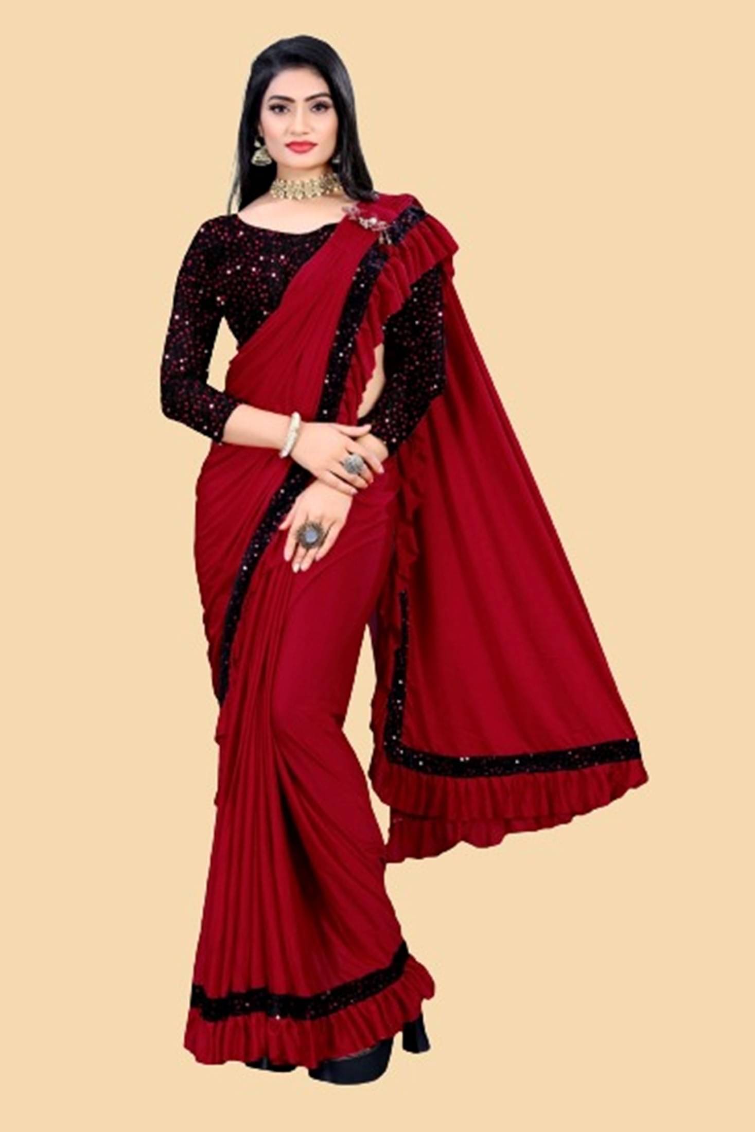 Apnisha Lycra Embellished Saree With Unstitched Blouse Piece ( Red ) Apnisha Lycra Embellished Saree With Unstitched Blouse Piece ( Red )
