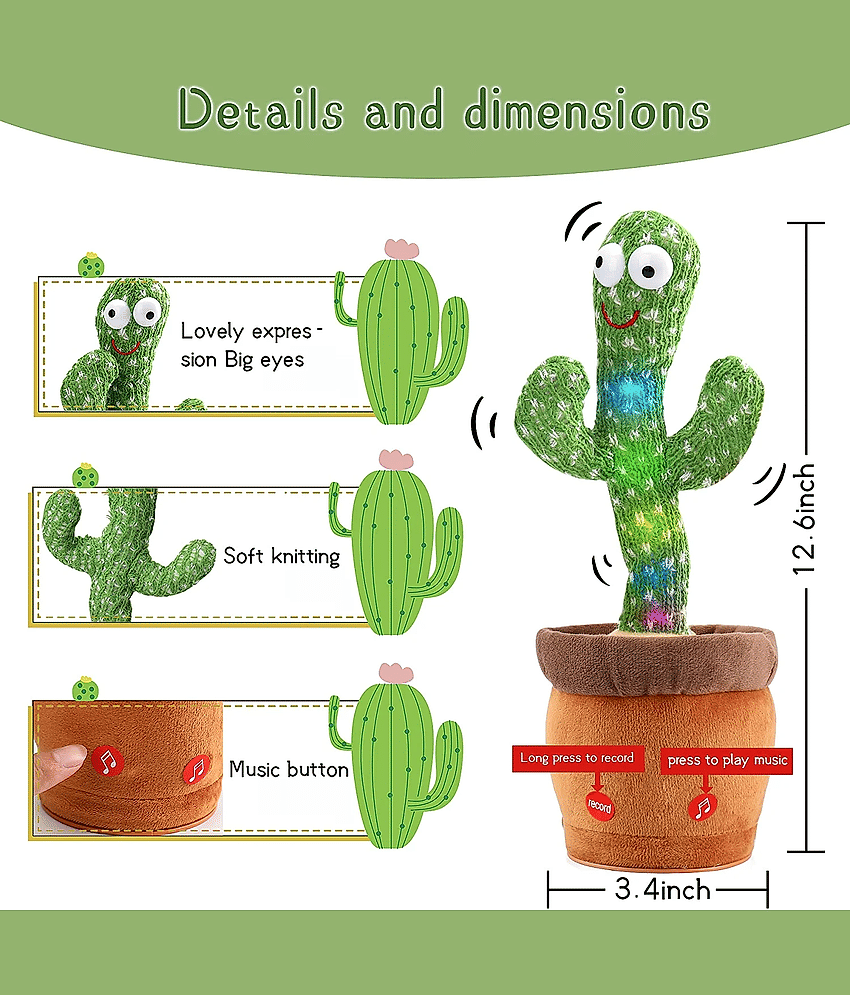 Fratelli Dancing Cactus Talking Toy,USB Charging Cactus Plush Toy,Dance & Singing (50+Songs) Made In INDIA