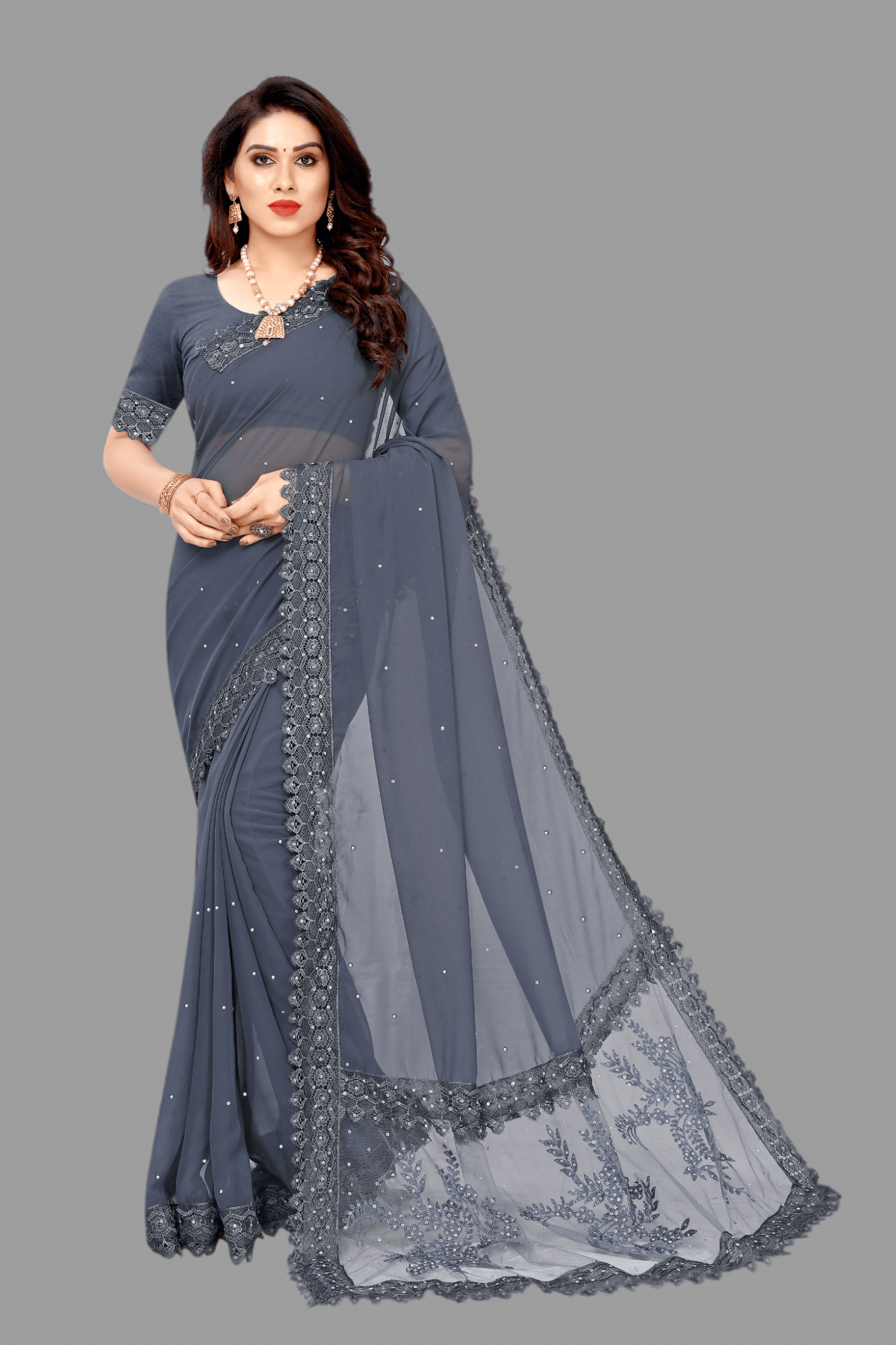     			JULEE Georgette Embellished Saree With Unstitched Blouse Piece ( Grey )