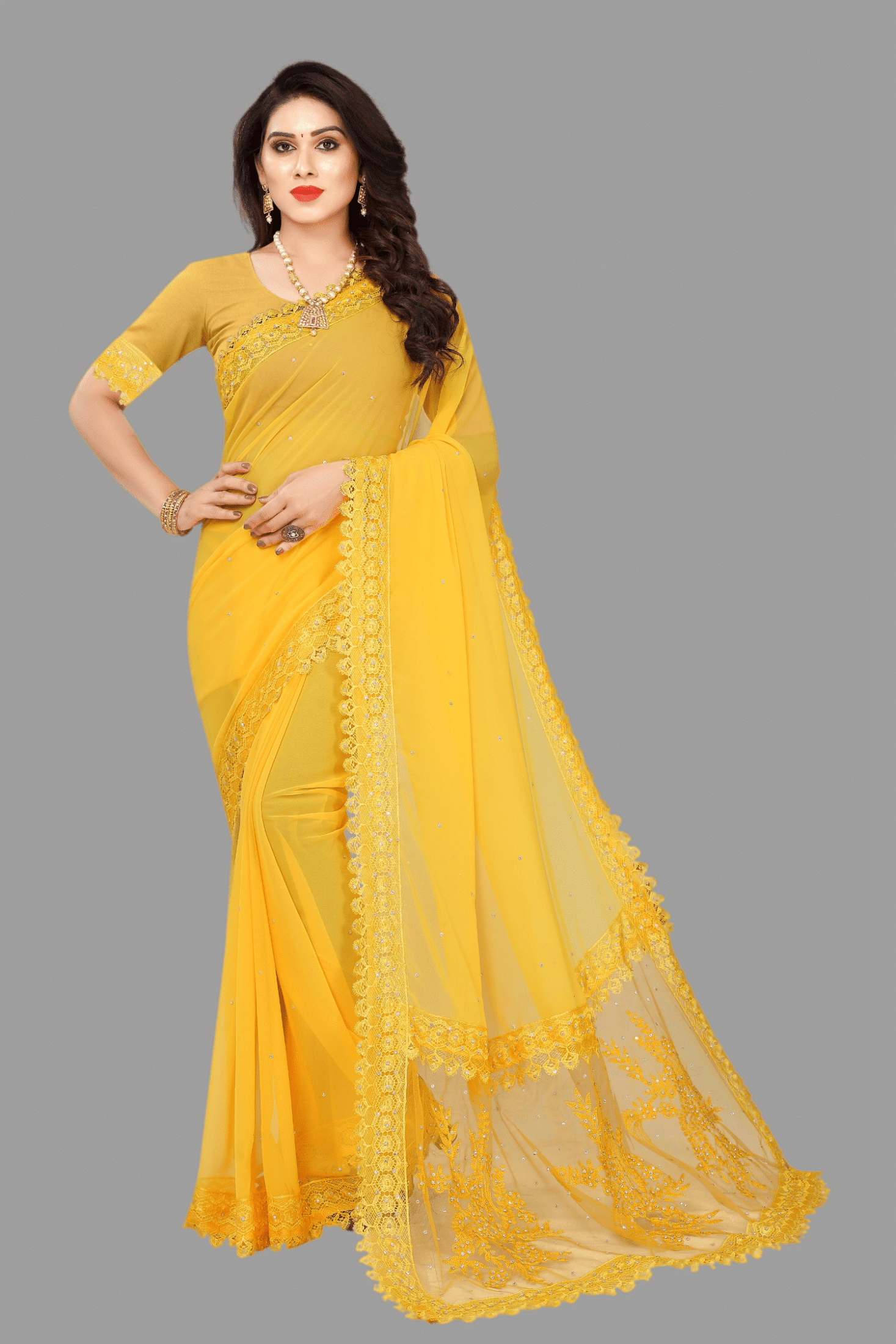 JULEE Georgette Embellished Saree With Unstitched Blouse Piece ( Yellow ) JULEE Georgette Embellished Saree With Unstitched Blouse Piece ( Yellow )