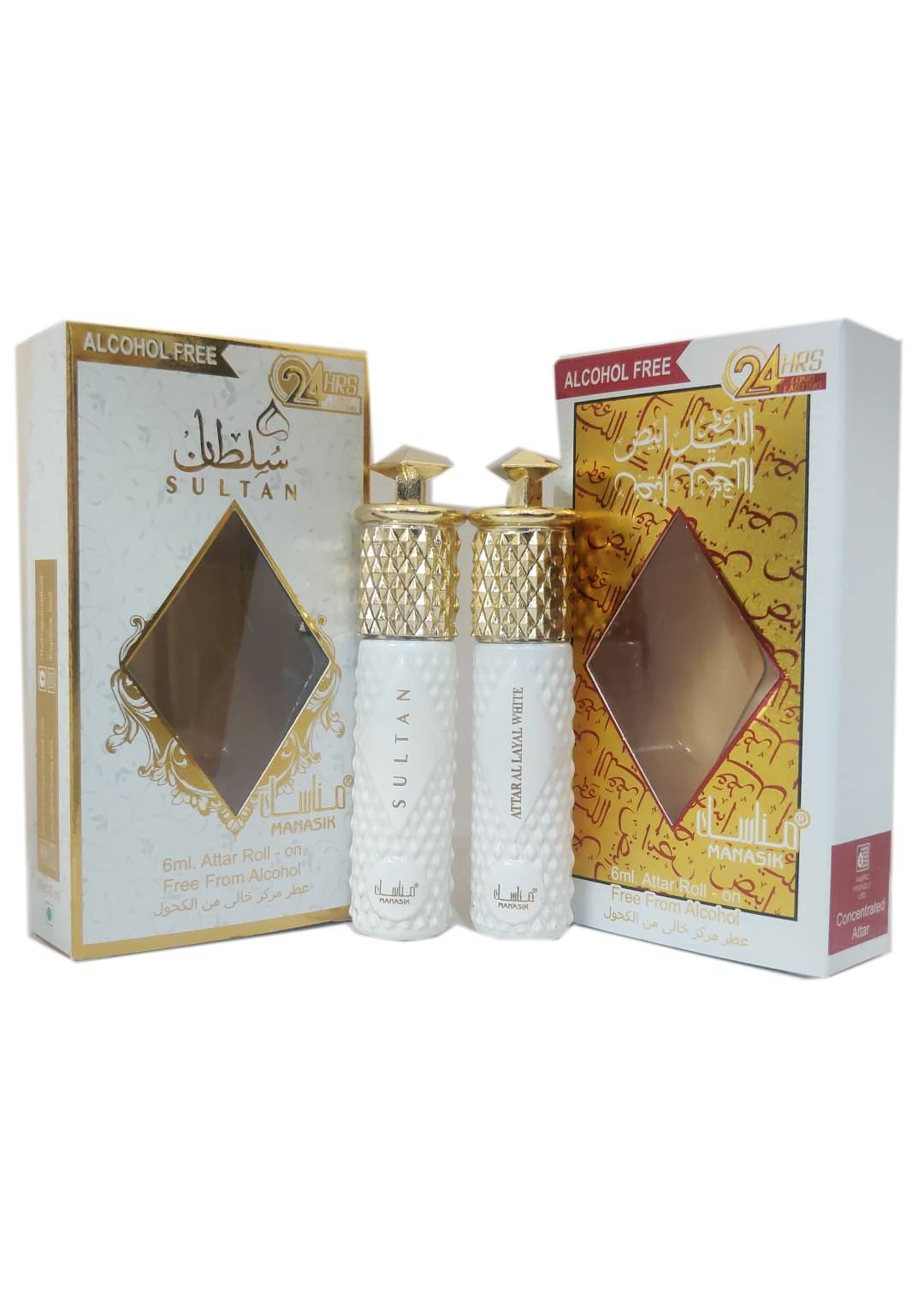 MANASIK ATTAR AL LAYAL WHITE & SULTAN  Concentrated   Attar Roll On 6ml .  ( COMBO SET )     			MANASIK ATTAR AL LAYAL WHITE & SULTAN  Concentrated   Attar Roll On 6ml .  ( COMBO SET )