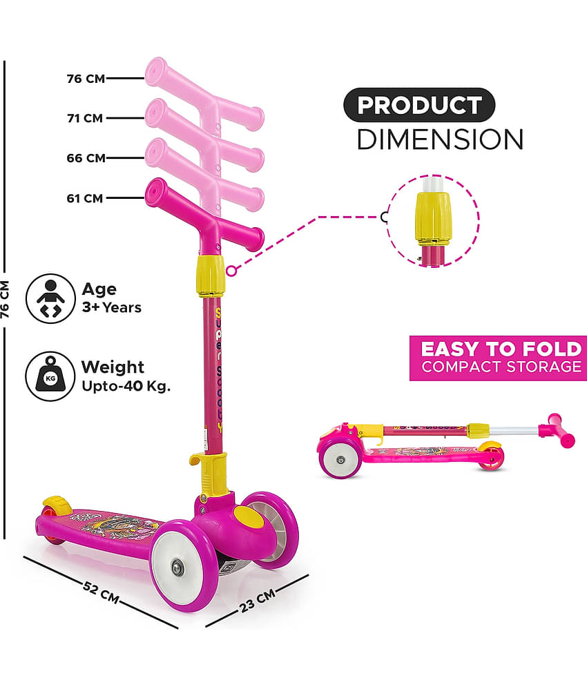 NHR Smart Kick Scooter with 3 Level Adjustable Height, Foldable Scooter for Kids, Scooty, Kids Scooter 5 Years+, Scooter for Kids 3 Years, Skating Cycle, Road Runner, Kick Scooter, Kids Scooty, Birthday Gift (3 to 8 Years, Pink)