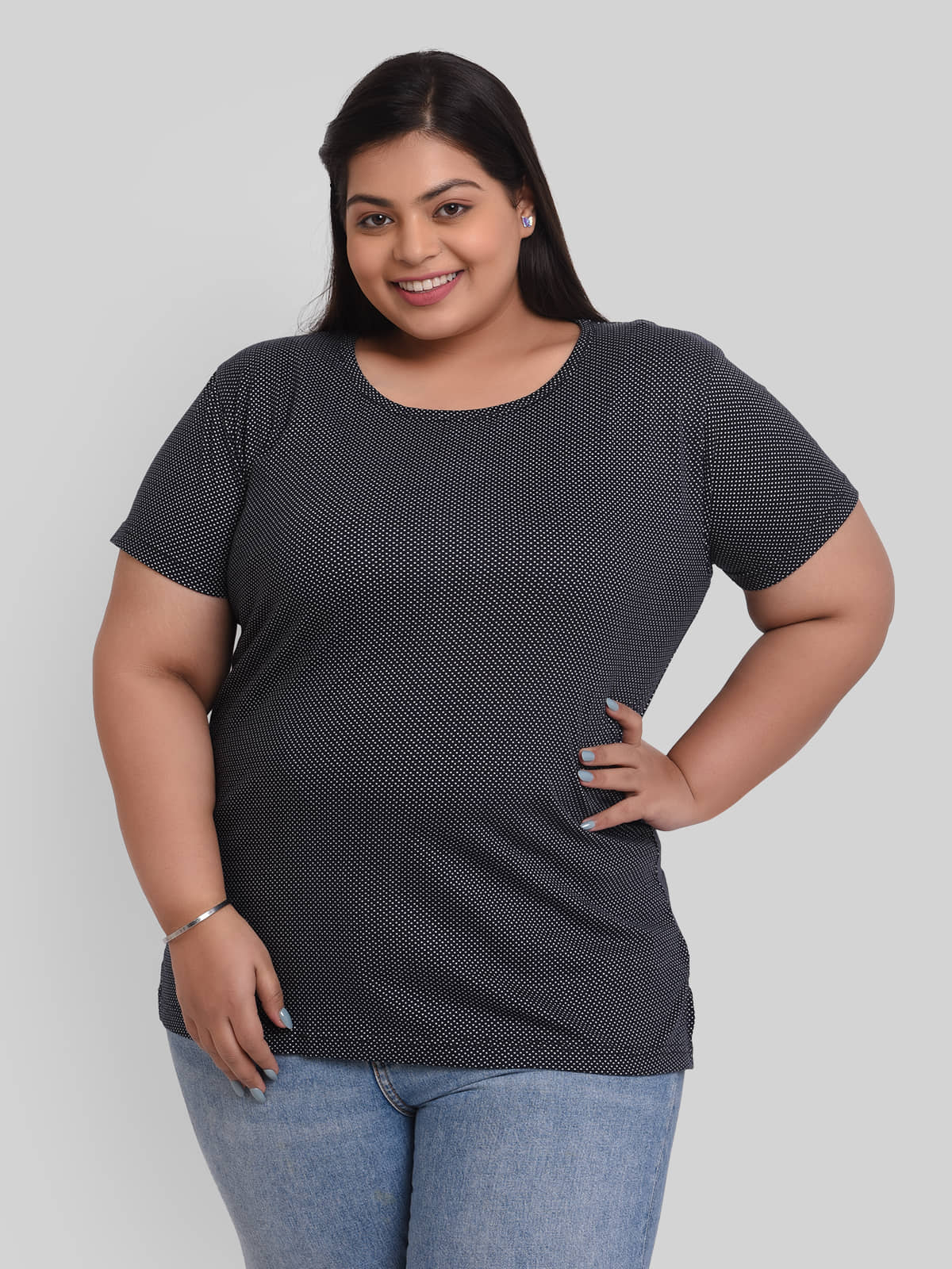 Neo Garments Women Cotton Self Design Regular Fit Round Neck T-Shirt ( Black )