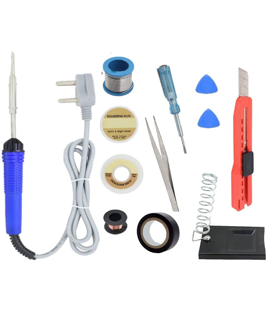 ALDECO: ( 12 in 1 ) 25 Watt Soldering Iron Kit With- Blue Iron, Wire, Flux, Wick, Jumping Wire, 2 Clip, Tester, Tweezer, Cutter Blade, Tape, Stand