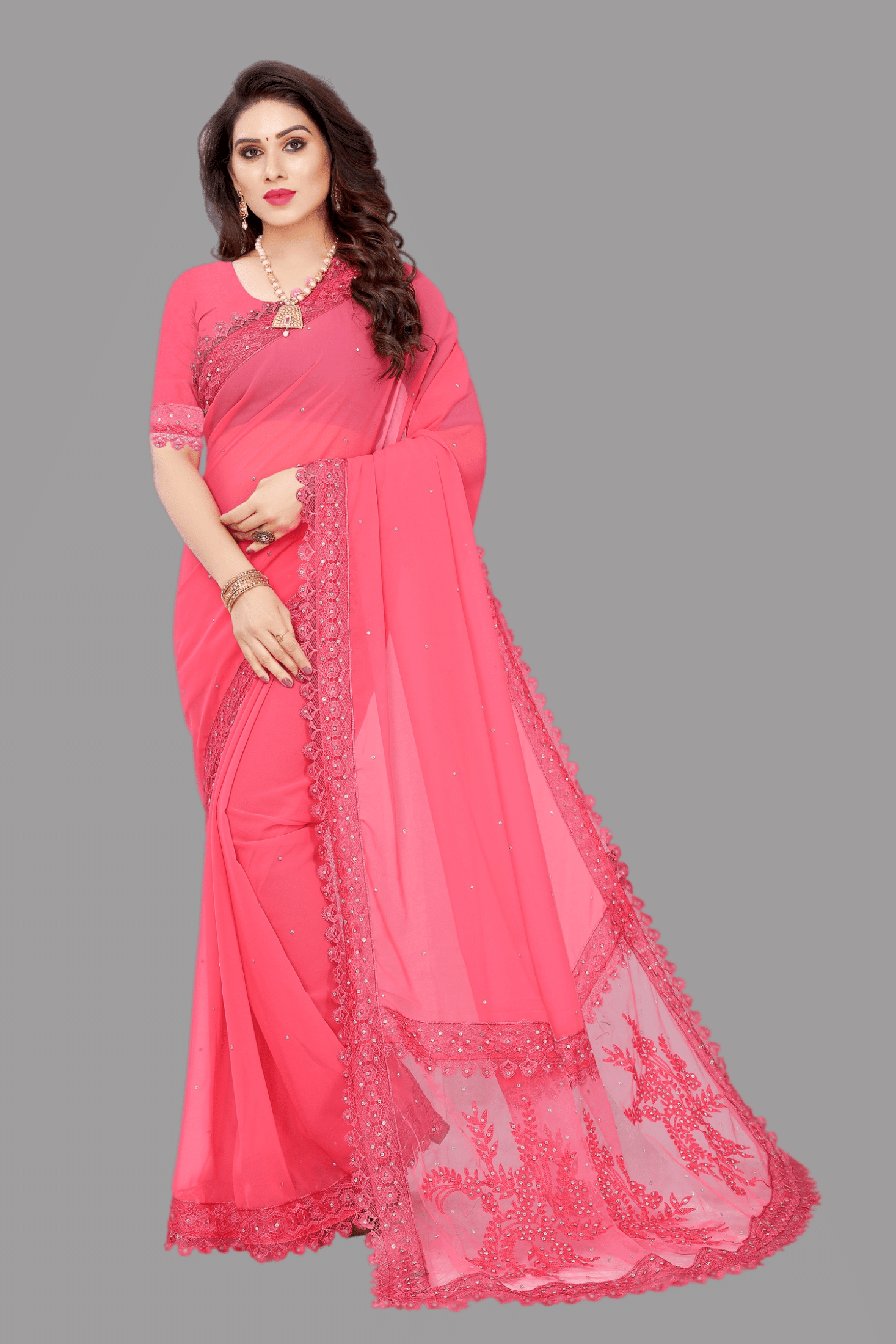 Aika Georgette Self Design Saree With Unstitched Blouse Piece ( Pink ) Aika Georgette Self Design Saree With Unstitched Blouse Piece ( Pink )
