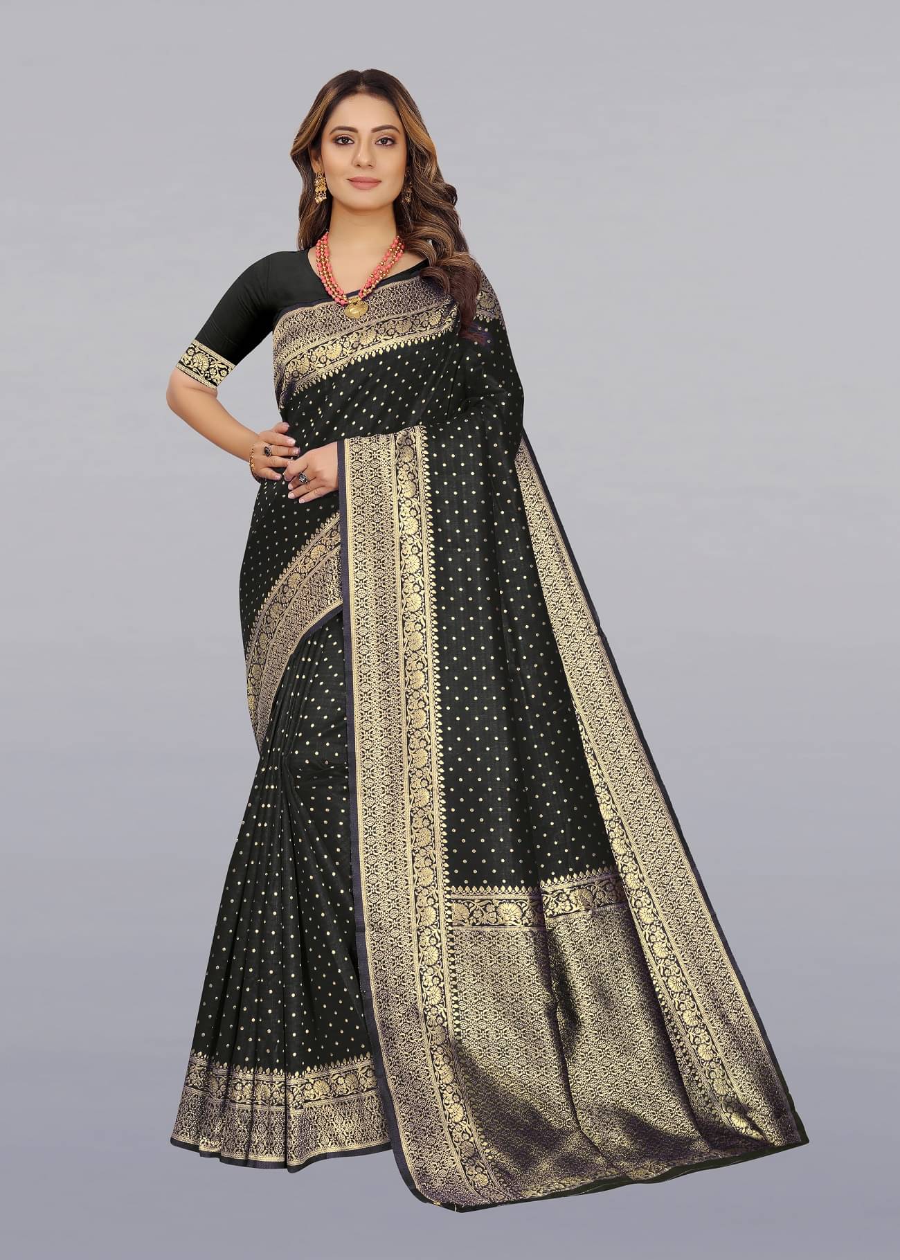 Gazal Fashions Banarasi Silk Printed Saree With Unstitched Blouse Piece ( Black ) Gazal Fashions Banarasi Silk Printed Saree With Unstitched Blouse Piece ( Black )