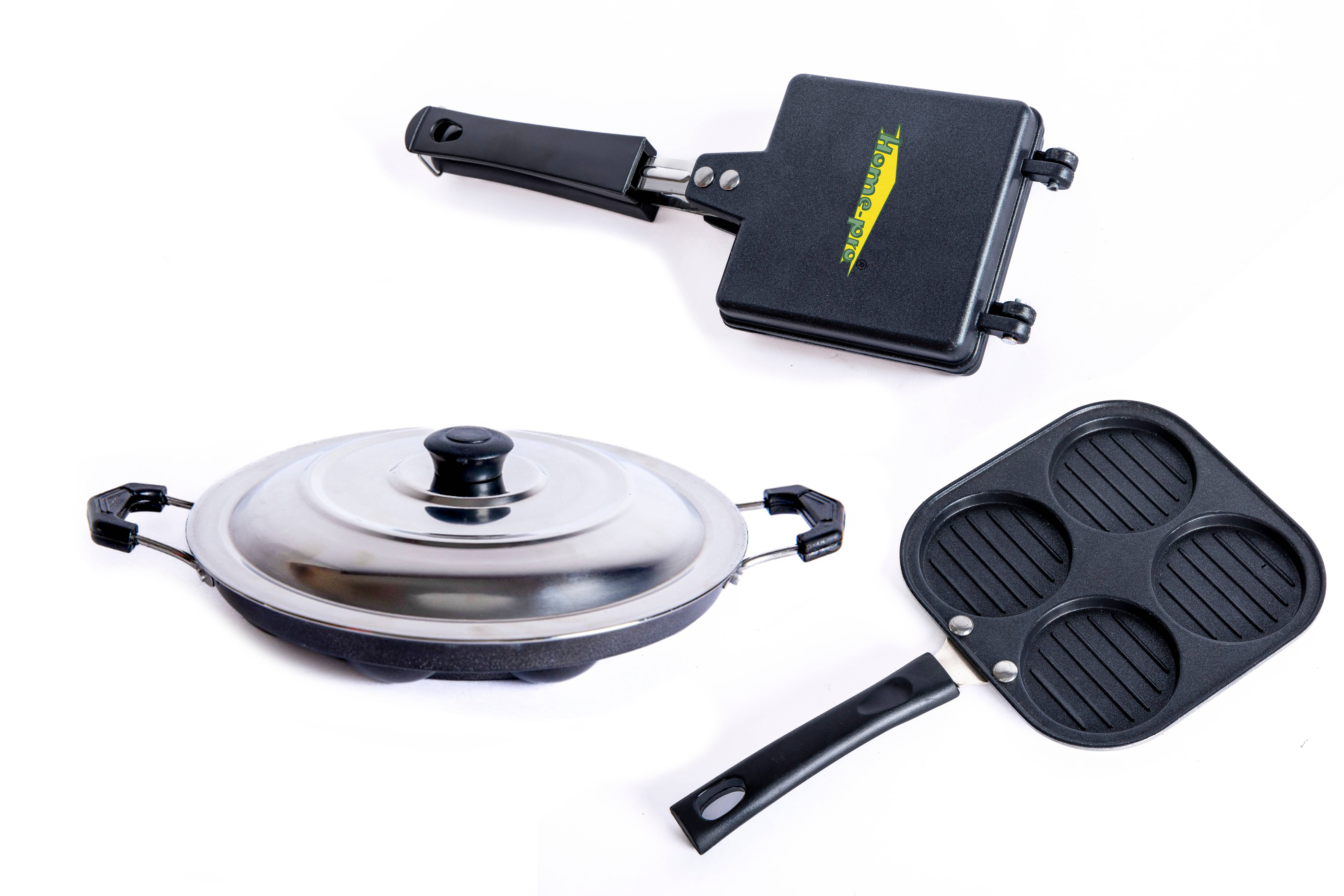 Homepro Non-Stick Set, Appam with Steel Lid 12 Cavity , Mini Uttapam 4 Cavity, Bread Toaster (Pack of 3) - Cookware | Buy online on ZillyBuy