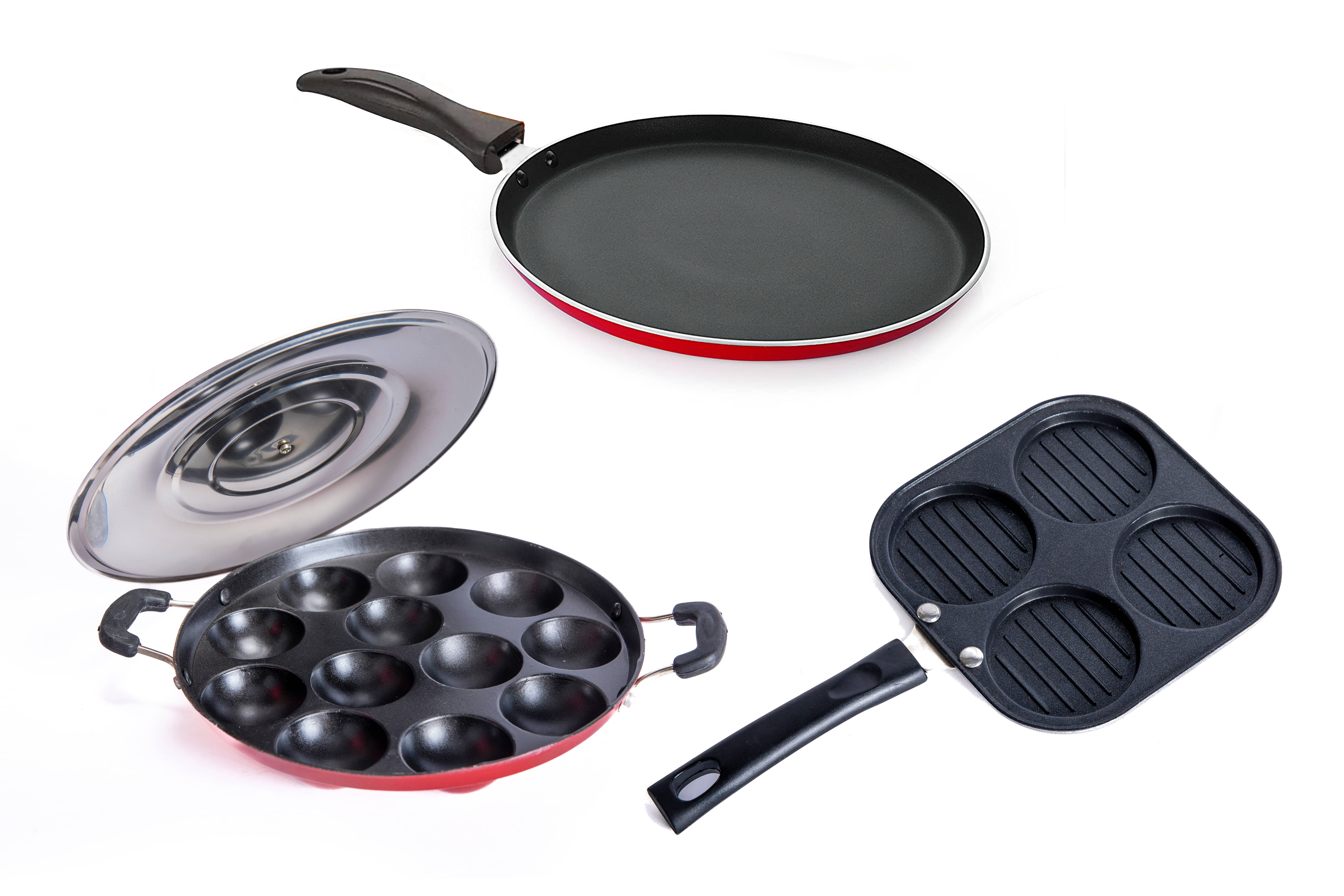Homepro Non-Stick Set ,Appam Patra with Steel Lid 12 Cavity, Mini Uttapam 4 Cavity, Dosa Tawa 23cm (Pack of 3) - Cookware | Buy online on ZillyBuy
