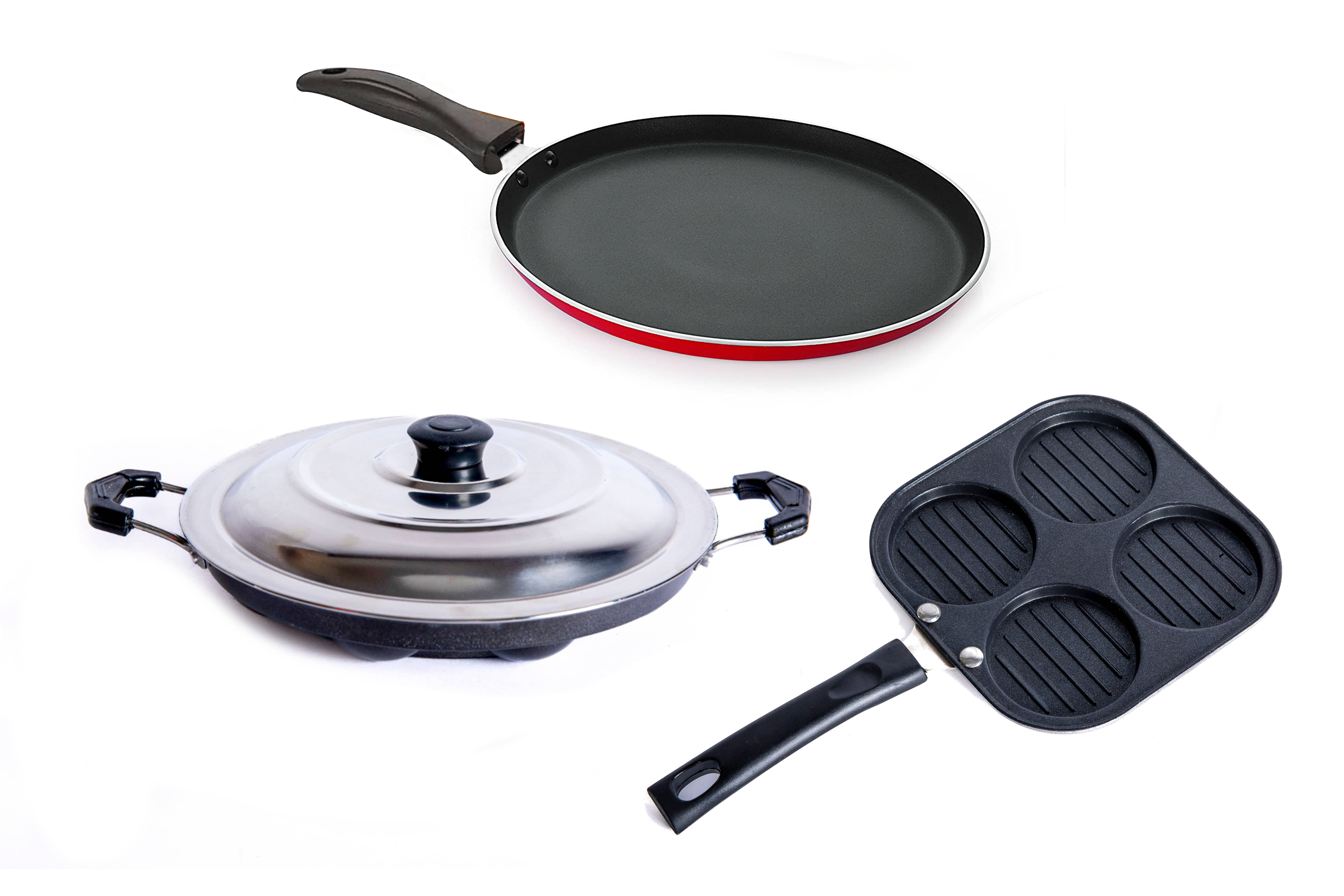 Homepro Non-Stick Set, Appam Patra with Steel Lid 12 Cavity,Mini Uttapam 4 Cavity, Dosa Tawa 23cm (Pack of 3) - Cookware | Buy online on ZillyBuy