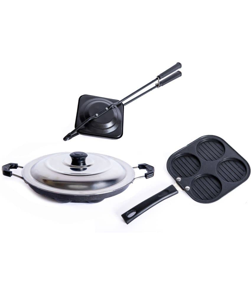 Homepro Non-Stick Set ,Appam Patra with Steel Lid 12 Cavity,Mini Uttapam 4 Cavity, Gas Toaster (Pack of 3) - Cookware | Buy online on ZillyBuy