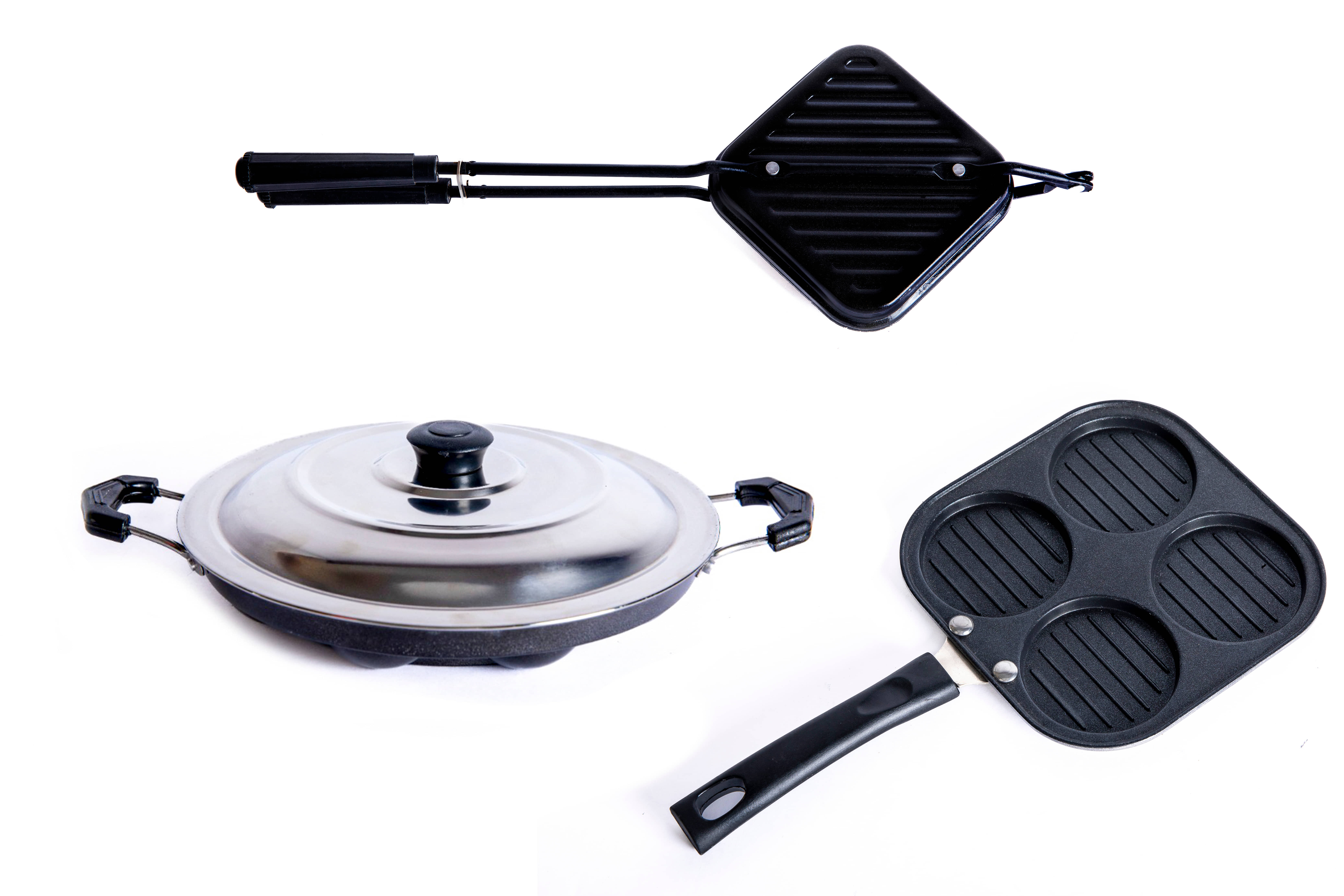 Homepro Non-Stick Set ,Appam Patra with Steel Lid 12 Cavity,Mini Uttapam 4 Cavity, Grill Toaster (Pack of 3) - Cookware | Buy online on ZillyBuy