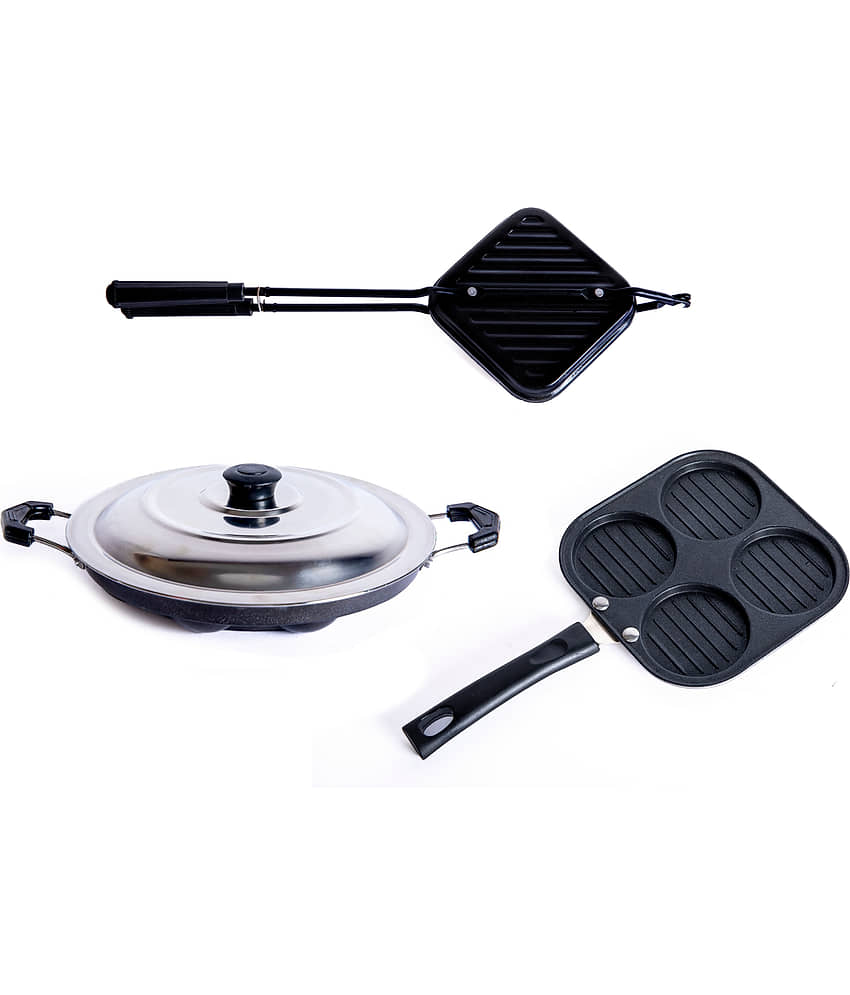 Homepro Non-Stick Set ,Appam Patra with Steel Lid 12 Cavity,Mini Uttapam 4 Cavity, Grill Toaster (Pack of 3) - Cookware | Buy online on ZillyBuy