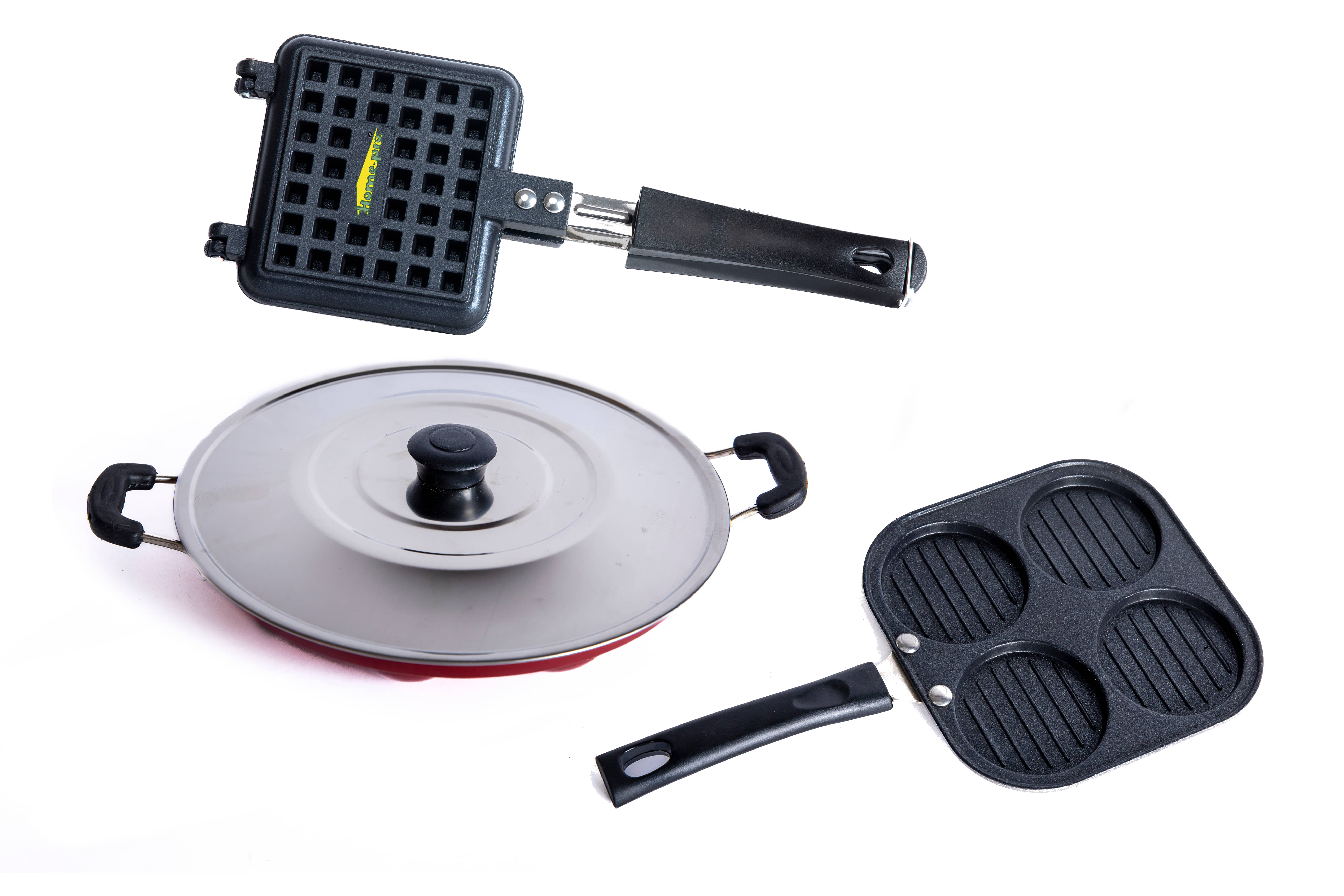 Homepro Non-Stick Set , Appam with Steel Lid 12 Cavity, Mini Uttapam 4 Cavity, Bread Toaster (Pack of 3) - Cookware | Buy online on ZillyBuy
