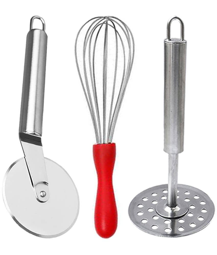 JISUN - Silver Stainless Steel Egg Whisk & Pizza Cutter & Potato Masher ( Set of 3 )