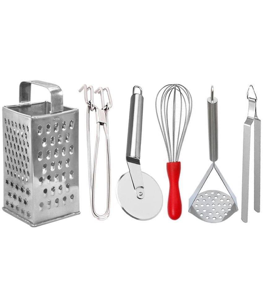 JISUN - Silver Stainless Steel Grater-Pakkad- Pizza Cutter-Whisk-Chimta-Masher ( Set of 6 ) JISUN - Silver Stainless Steel Grater-Pakkad- Pizza Cutter-Whisk-Chimta-Masher ( Set of 6 )