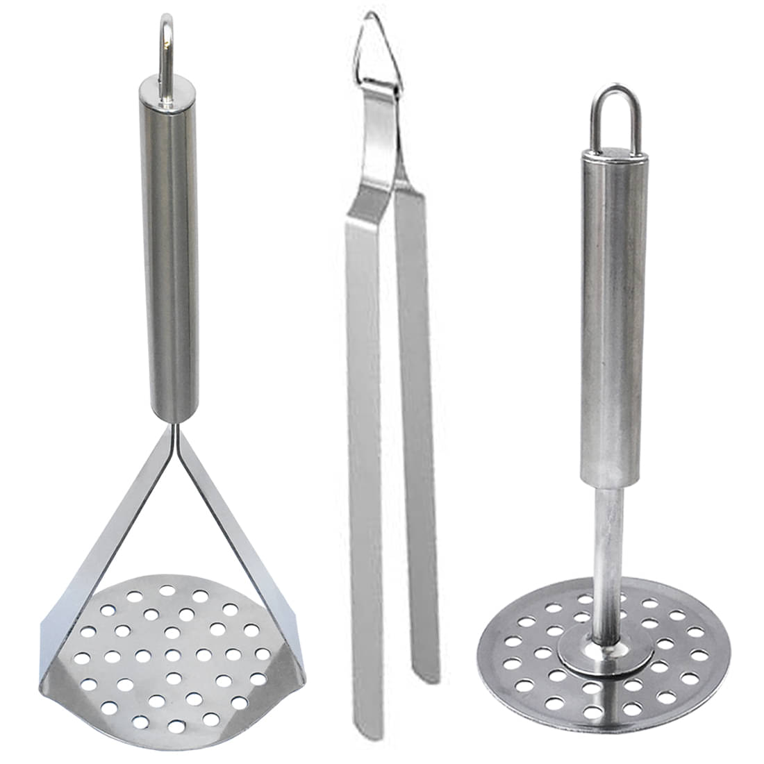     			JISUN - Silver Stainless Steel Roti Chimta & Potato Masher (Pack of 2) ( Set of 3 )