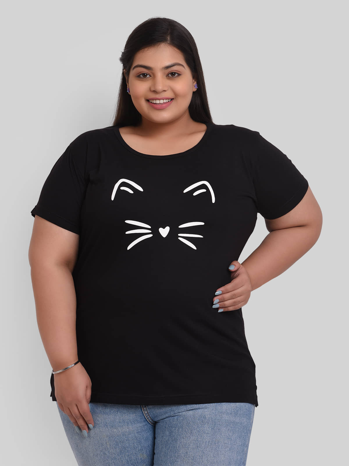 Neo Garments Women Cotton Printed Regular Fit Round Neck T-Shirt ( Black )