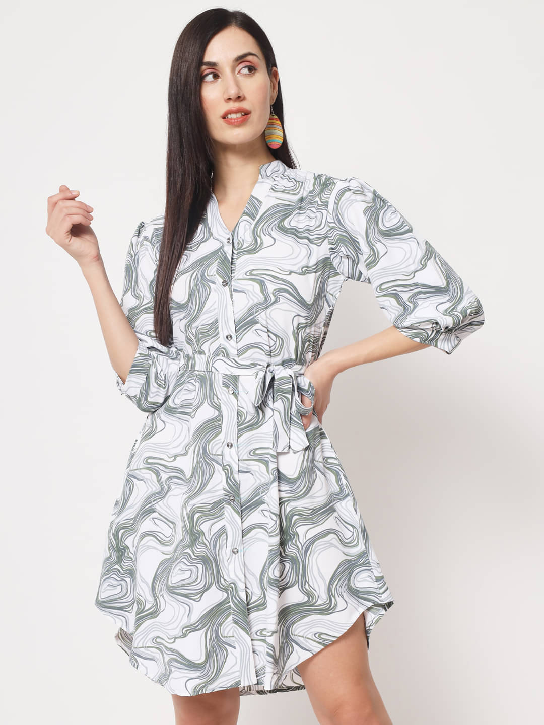 Rudrakriti Women Crepe Printed Shirt Dress ( White ) Rudrakriti Women Crepe Printed Shirt Dress ( White )
