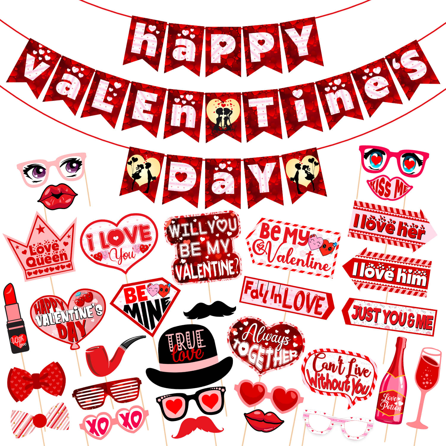     			Zyozi Valentines Day Photo Booth Props 31 PCS DIY Funny Disguise Props Valentines Day Decorations with 1 Happy Valentine Day Banner - Valentines Photography Props Wedding Photo Props