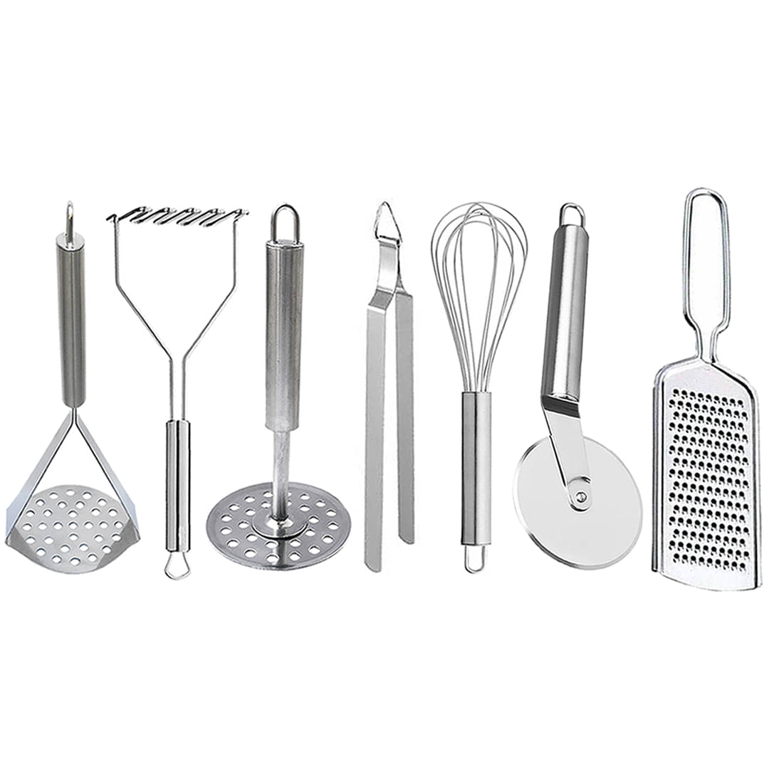 JISUN - Silver Stainless Steel 3 Masher & Chimta & Whisk & Pizza Cutter & Grater ( Set of 7 )     			JISUN - Silver Stainless Steel 3 Masher & Chimta & Whisk & Pizza Cutter & Grater ( Set of 7 )
