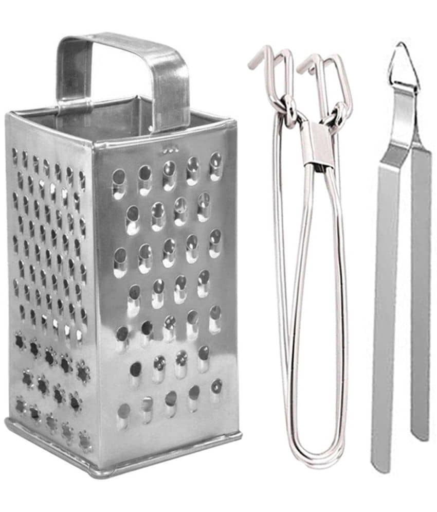JISUN - Silver Stainless Steel BIG GRATER+PAKKAD+CHIMTA ( Set of 3 )