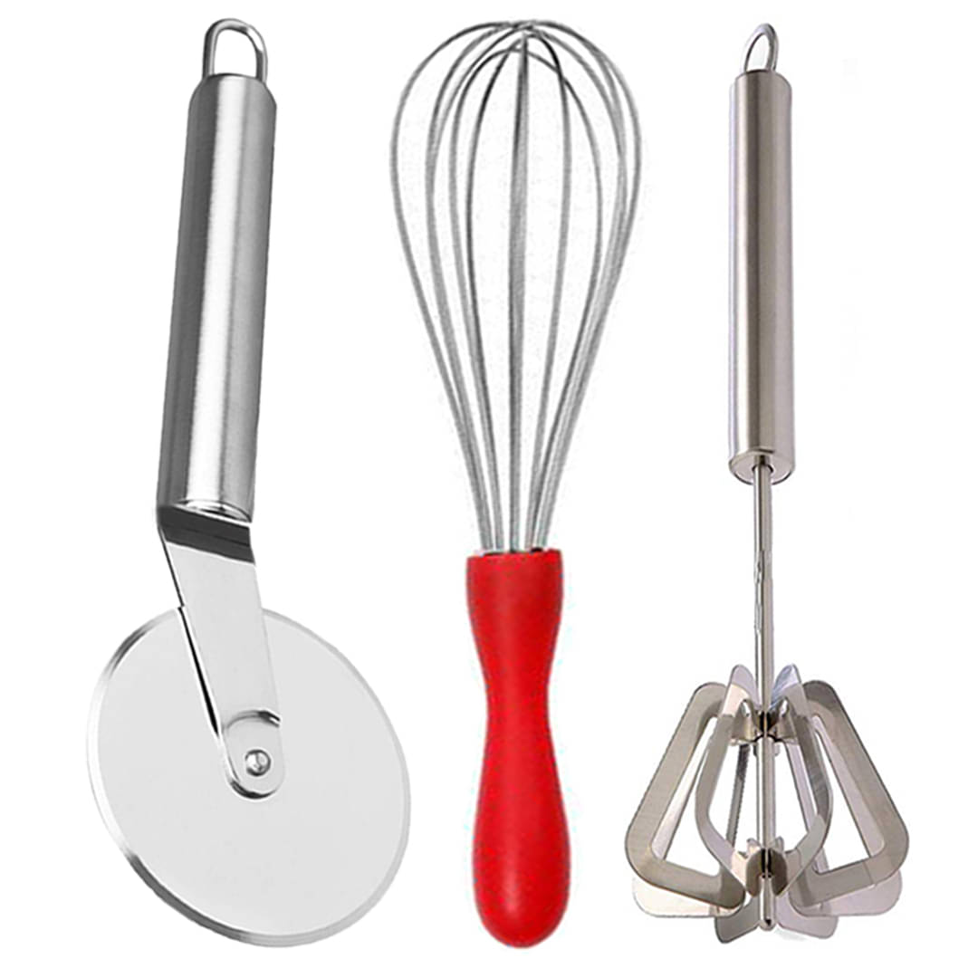 JISUN - Silver Stainless Steel Egg Whisk & Pizza Cutter & Mathani ( Set of 3 )     			JISUN - Silver Stainless Steel Egg Whisk & Pizza Cutter & Mathani ( Set of 3 )