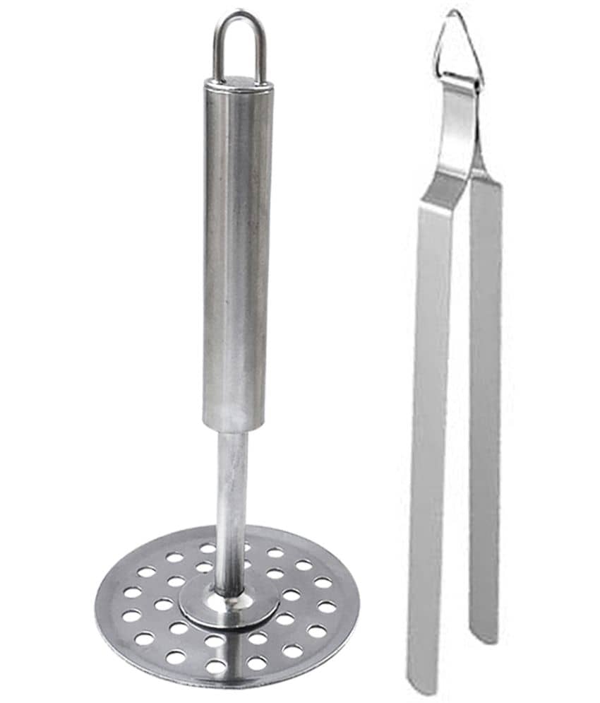 JISUN - Silver Stainless Steel Potato Masher & Roti Chimta ( Set of 2 )