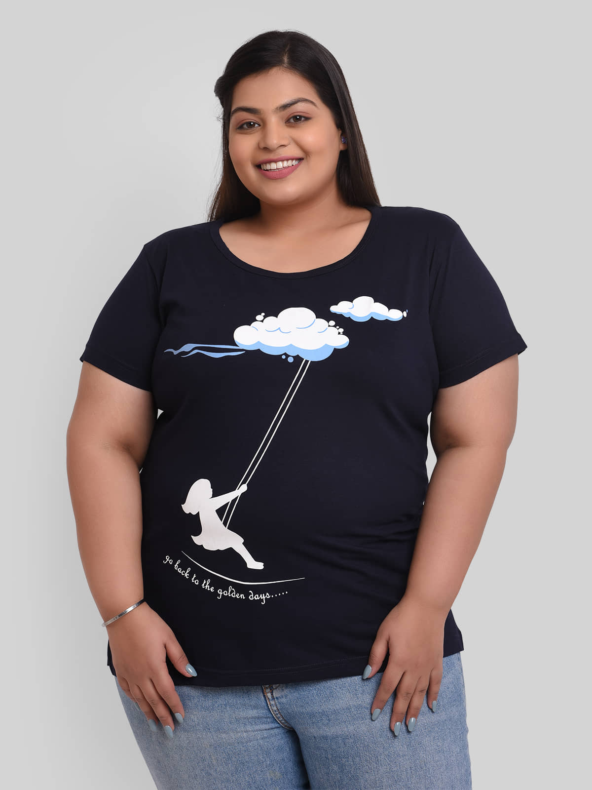 Neo Garments Women Cotton Printed Regular Fit Round Neck T-Shirt ( Navy Blue )
