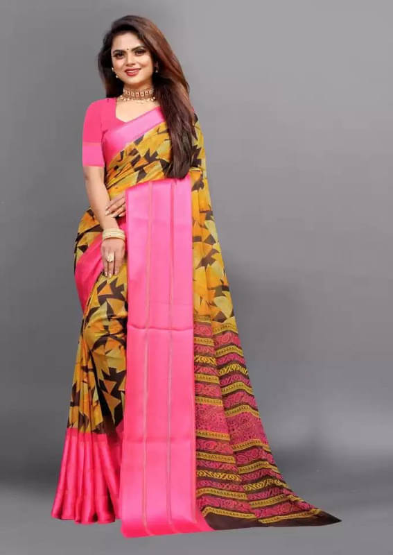     			Sitanjali Lifestyle Georgette Printed Saree With Unstitched Blouse Piece ( Pink )