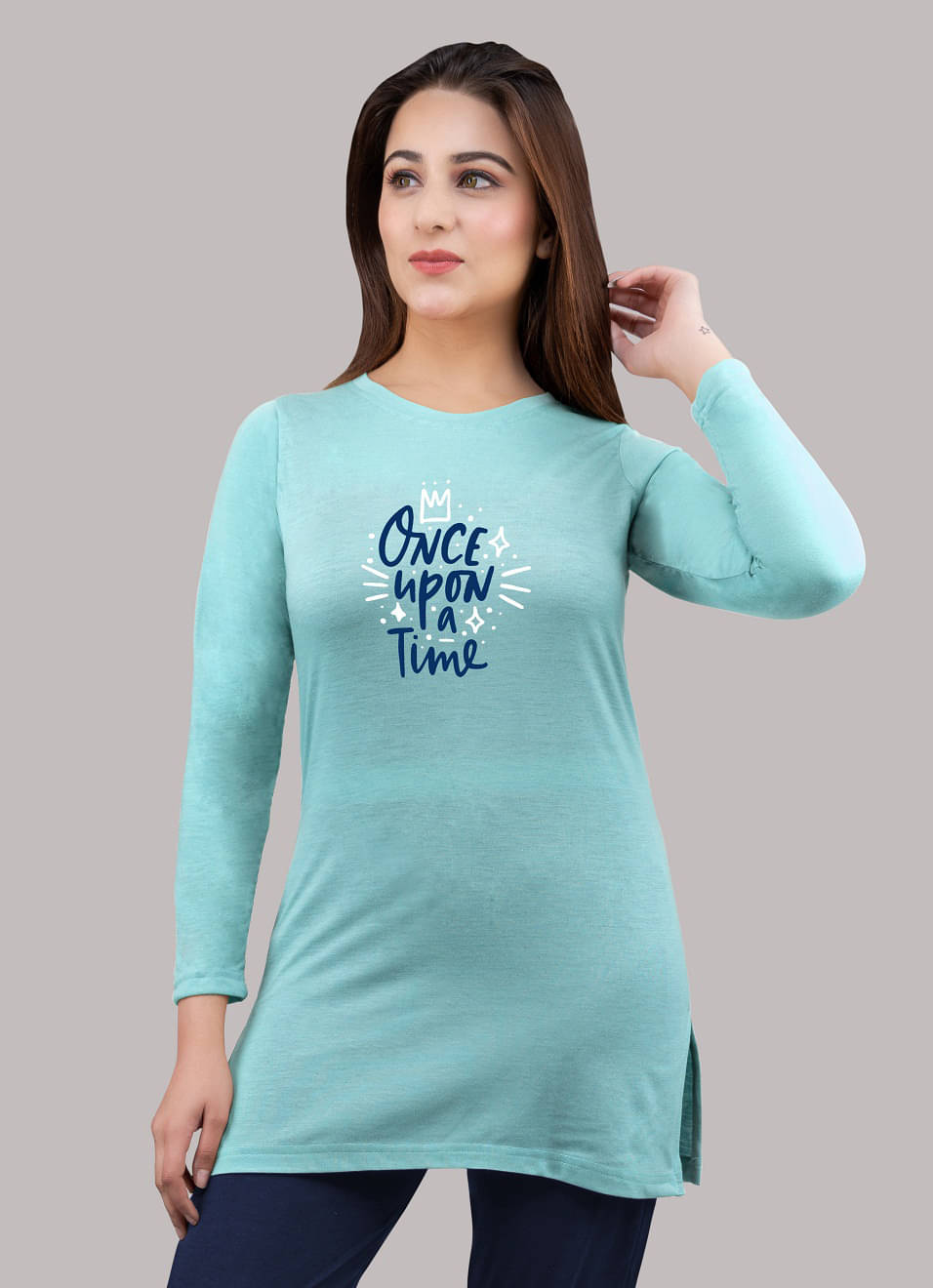     			URBE Women Cotton Blend Printed Regular Fit Round Neck T-Shirt ( Light Blue )