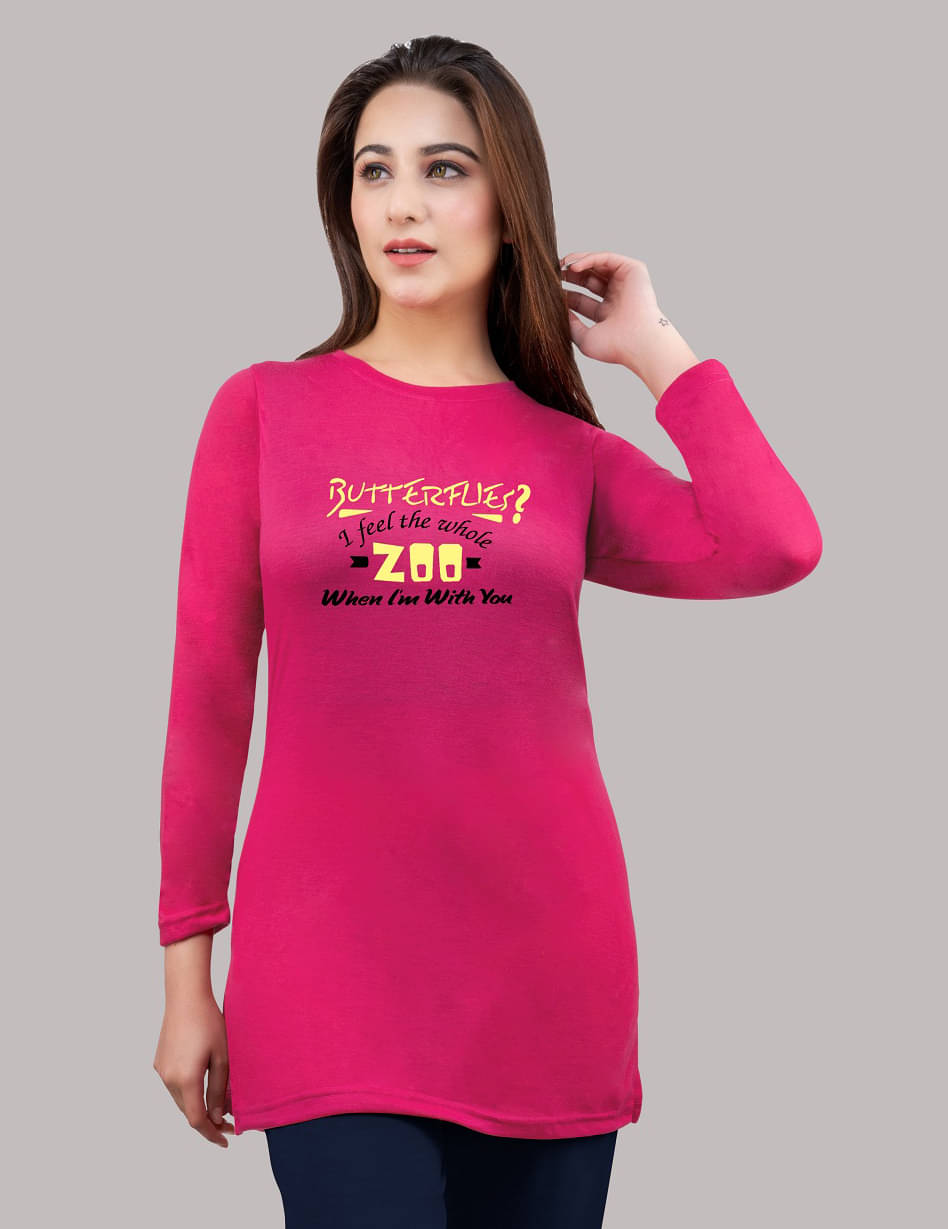     			URBE Women Cotton Blend Printed Regular Fit Round Neck T-Shirt ( Magenta )