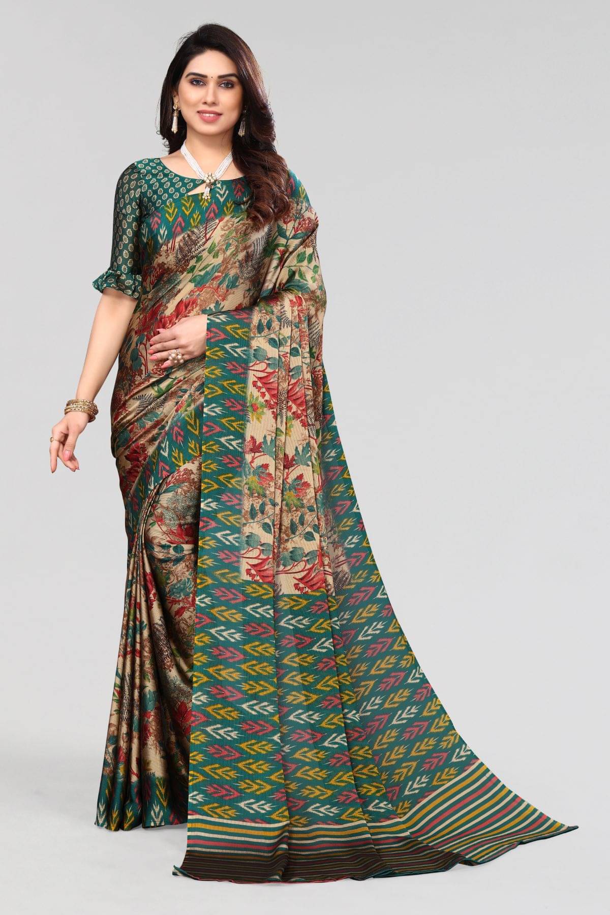 FABMORA Chiffon Printed Saree With Unstitched Blouse Piece ( Green ) FABMORA Chiffon Printed Saree With Unstitched Blouse Piece ( Green )