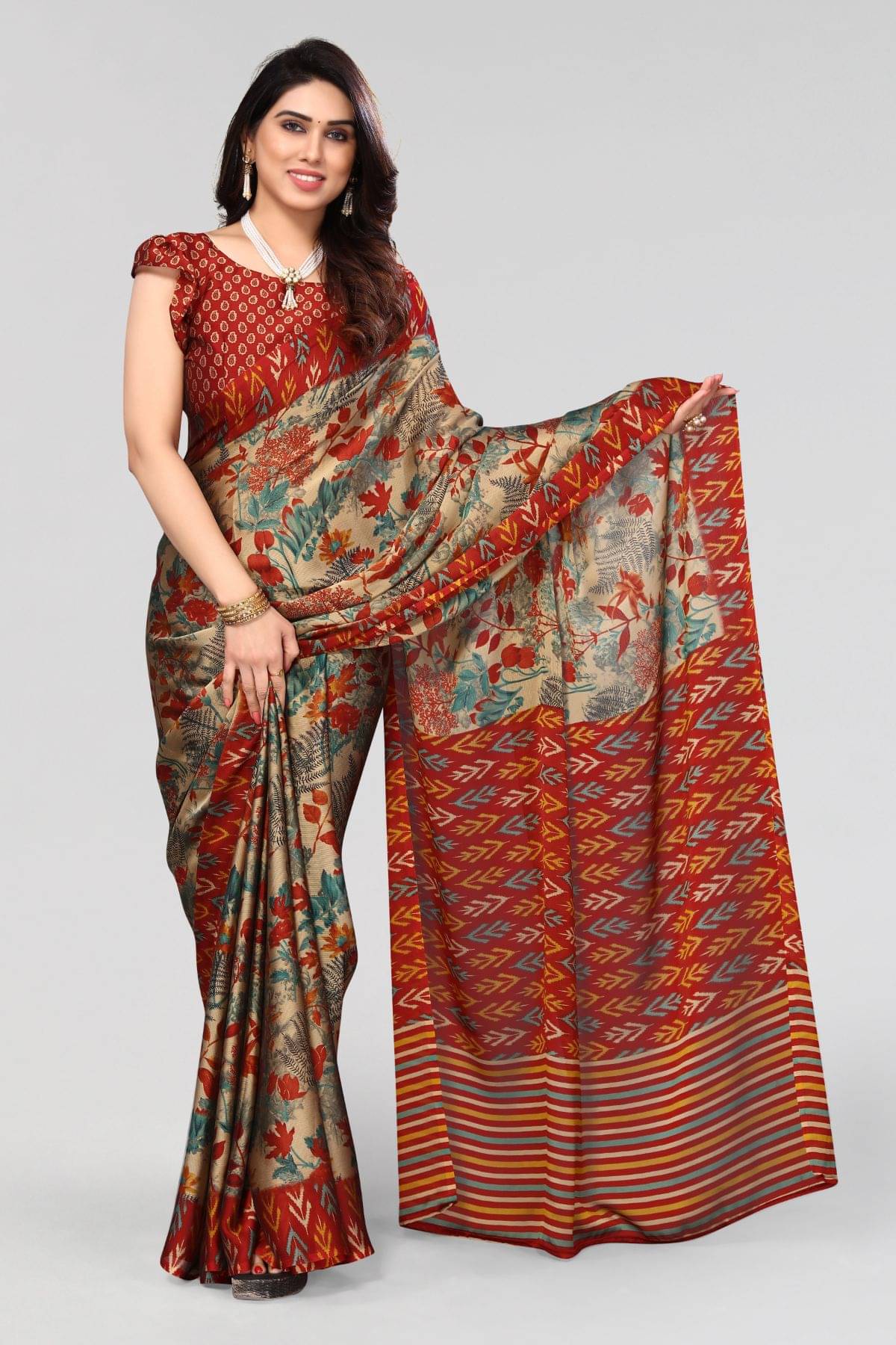 FABMORA Chiffon Printed Saree With Unstitched Blouse Piece ( Maroon ) FABMORA Chiffon Printed Saree With Unstitched Blouse Piece ( Maroon )