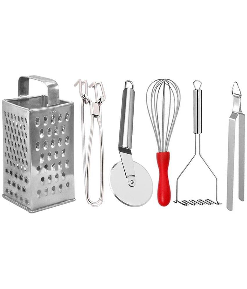 JISUN - Silver Stainless Steel Grater-Pakkad-Pizza Cutter-Whisk-Chimta-Masher ( Set of 6 )     			JISUN - Silver Stainless Steel Grater-Pakkad-Pizza Cutter-Whisk-Chimta-Masher ( Set of 6 )