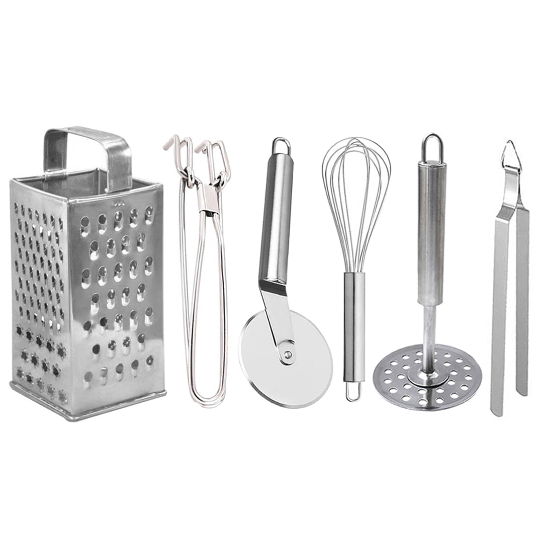 JISUN - Silver Stainless Steel Grater-Pakkad-Whisk-Pizza Cutter-Chimta-Masher ( Set of 6 )     			JISUN - Silver Stainless Steel Grater-Pakkad-Whisk-Pizza Cutter-Chimta-Masher ( Set of 6 )