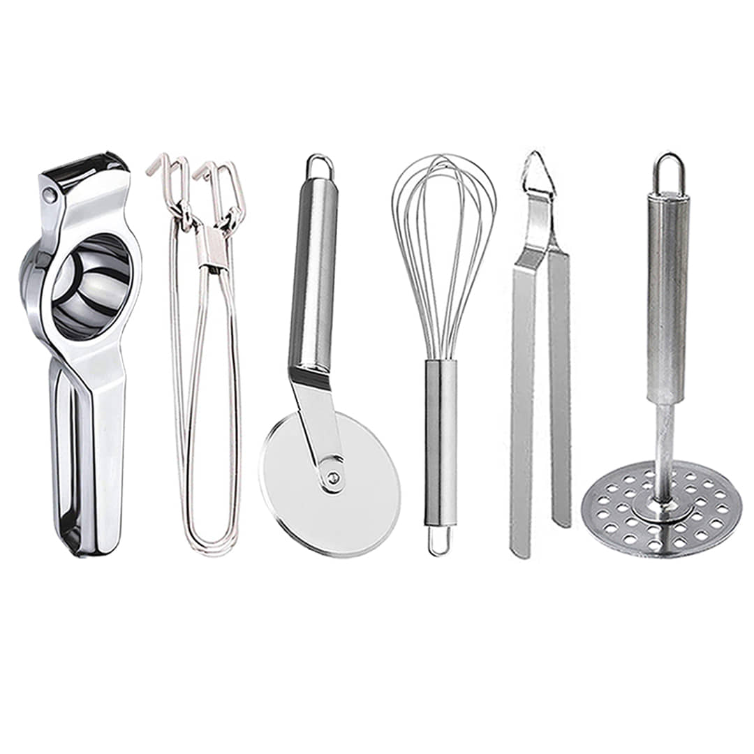 JISUN - Silver Stainless Steel Lemon-Pakkad-Pizza Cutter-Whisk-Chimta-Masher ( Set of 6 )