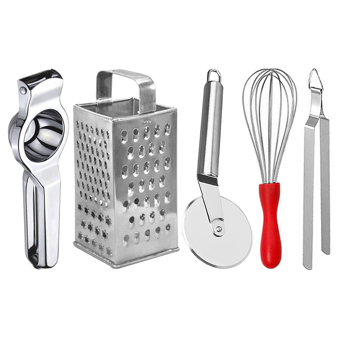 JISUN - Silver Stainless Steel Lemon Squeezer-Grater-Pizza Cutter-Whisk-Chimta0 ( Set of 5 ) JISUN - Silver Stainless Steel Lemon Squeezer-Grater-Pizza Cutter-Whisk-Chimta0 ( Set of 5 )