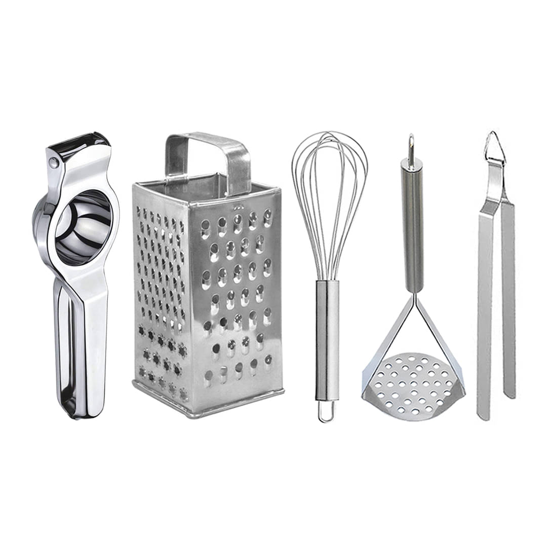 JISUN - Silver Stainless Steel Lemon Squeezer-Grater-Whisk-Potato Masher-Chimta ( Set of 5 )     			JISUN - Silver Stainless Steel Lemon Squeezer-Grater-Whisk-Potato Masher-Chimta ( Set of 5 )