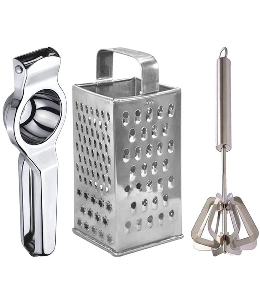 JISUN - Silver Stainless Steel Lemon Squeezer & Grater & Mathani ( Set of 3 )
