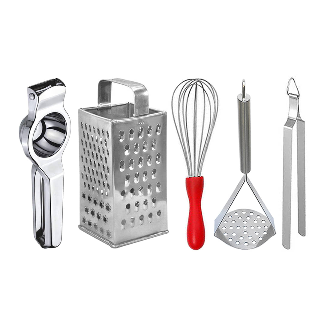 JISUN - Silver Stainless Steel Lemon Squeezer-Grater-Whisk-Potato Masher-Chimta ( Set of 5 ) JISUN - Silver Stainless Steel Lemon Squeezer-Grater-Whisk-Potato Masher-Chimta ( Set of 5 )